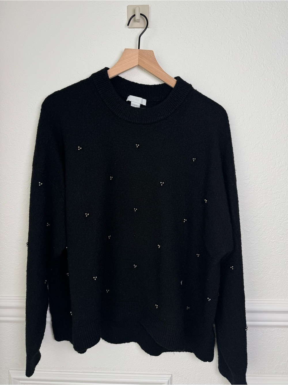 H&M Black Embellished Beaded Knit Crew Neck Sweater Size XL